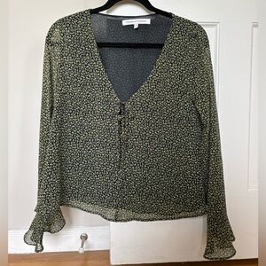 Floral V-Neck Blouse - Black and Green